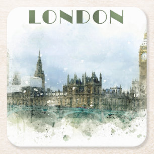 Vattenfärgillustration i London Underlägg Papper Kvadrat