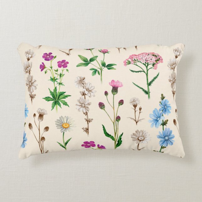 Vattenfärgillustrationer av vild blommor. Sömlös Prydnadskudde (Framsidan)