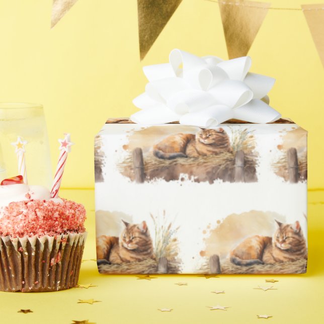 Vattenfärgingingefärgskat på hö presentpapper (Födelsedagsfest)