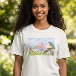Vattenfärgisfågel med lila iris t shirt