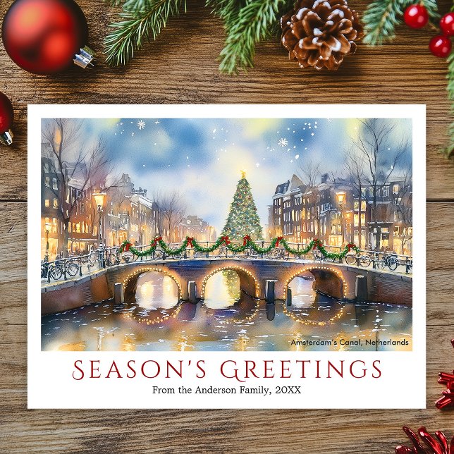 Vattenfärgjul Amsterdam Nederland Travel Helg Vykort (Watercolor Christmas Amsterdam Netherland Travel Holiday Postcard)