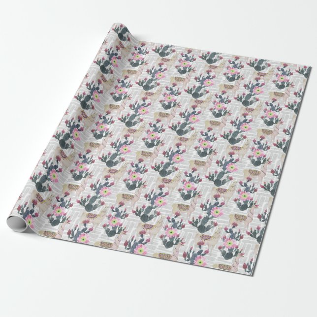 Vattenfärgkaktusmönster Presentpapper (Utrullad)