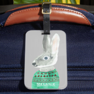Vattenfärgkanin i Sweater Grått Personlig Bagagebricka