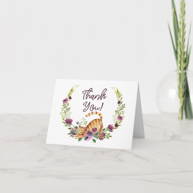 Vattenfärgkatt och blommatack kort (Framsida)