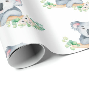 Vattenfärgkoala med gummilöv och blommor presentpapper