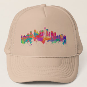 Vattenfärgkonsttryck av horisonten av Seattle USA Keps
