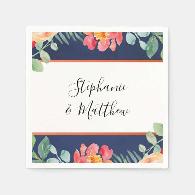Vattenfärgkorall Blommigt Navy Blue Bröllop Pappersservett (Framsidan)