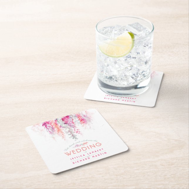 Vattenfärgkorall, orange rosa personligt bröllp underlägg papper kvadrat (Insitu)