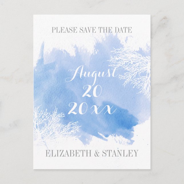 Vattenfärgkorallrev blå bröllop spara datum meddelande vykort (Framsida)