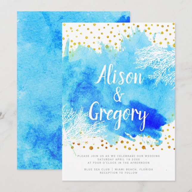 Vattenfärgkorallrev guld konetti bröllop inbjudningar (Fram/baksida)
