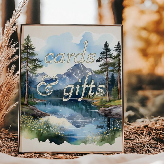 Vattenfärgkort och gåvor för land i Sjö Poster (Cards and Gifts sign from the Country Lake wedding collection by Darling & May)