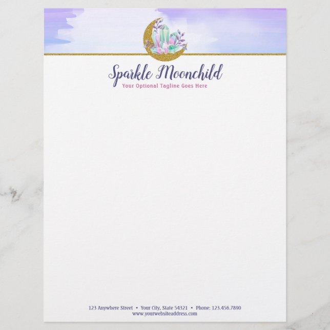 Vattenfärgkristaller & guld- växande måneBoutique Brevhuvud (Framsida)