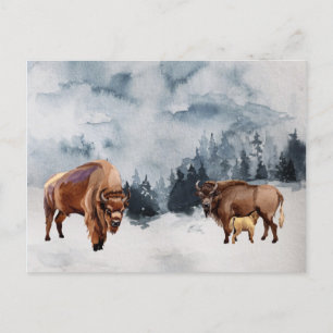 Vattenfärglandskap av Bison Buffalo på vintern Helg Vykort