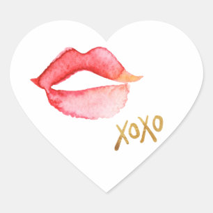 Vattenfärgläppar & guld omkullkastar XOXO Hjärtformat Klistermärke