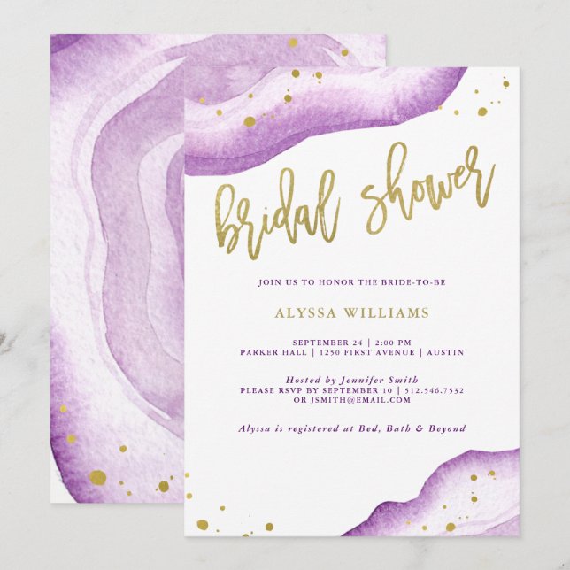 Vattenfärglavendel- och guldGeode möhippa Inbjudningar (Fram/baksida)