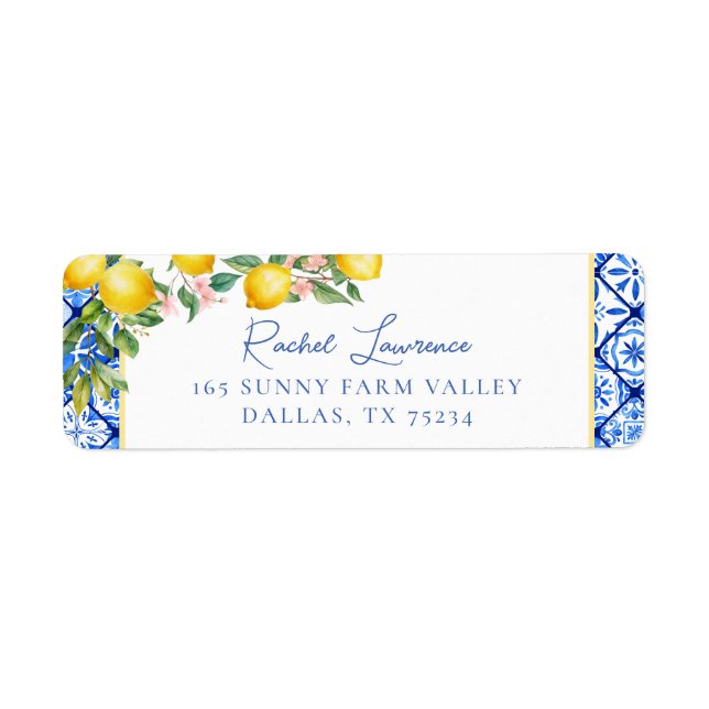 Vattenfärglemoner Italiensk blå kakel returadress Returadress Etikett (Framsidan)