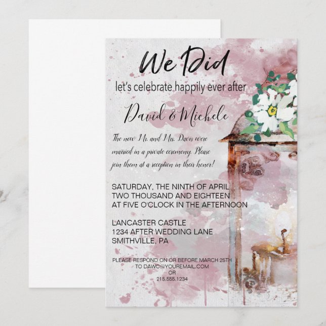 Vattenfärglykta & blommor efter bröllopsfest inbjudningar (Fram/baksida)