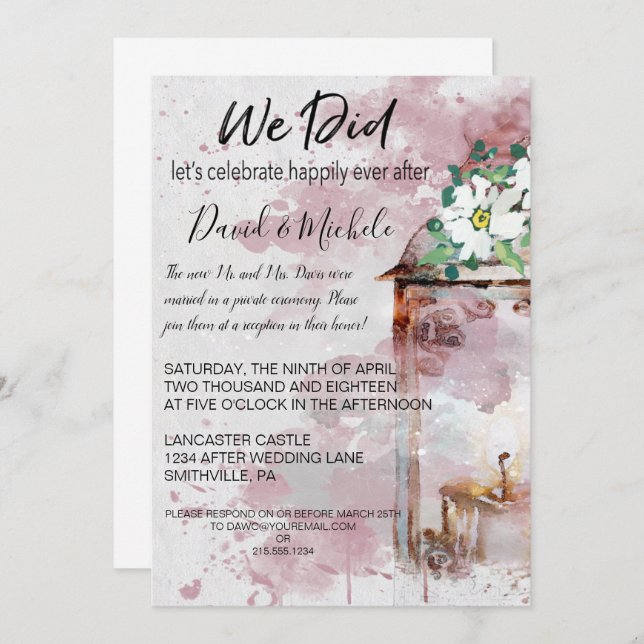 Vattenfärglykta & blommor efterbröllopsfest inbjudningar (Fram/baksida)