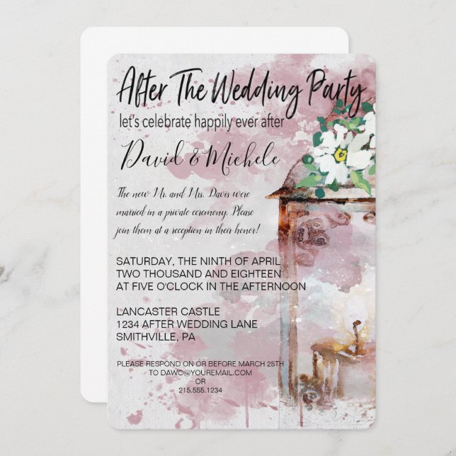 Vattenfärglykta efter bröllopsfesten inbjudningar (Fram/baksida)