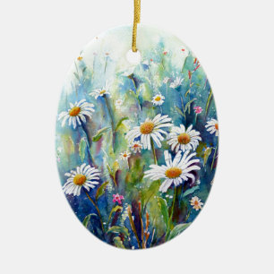 Vattenfärgmålning av daisyfält julgransprydnad keramik