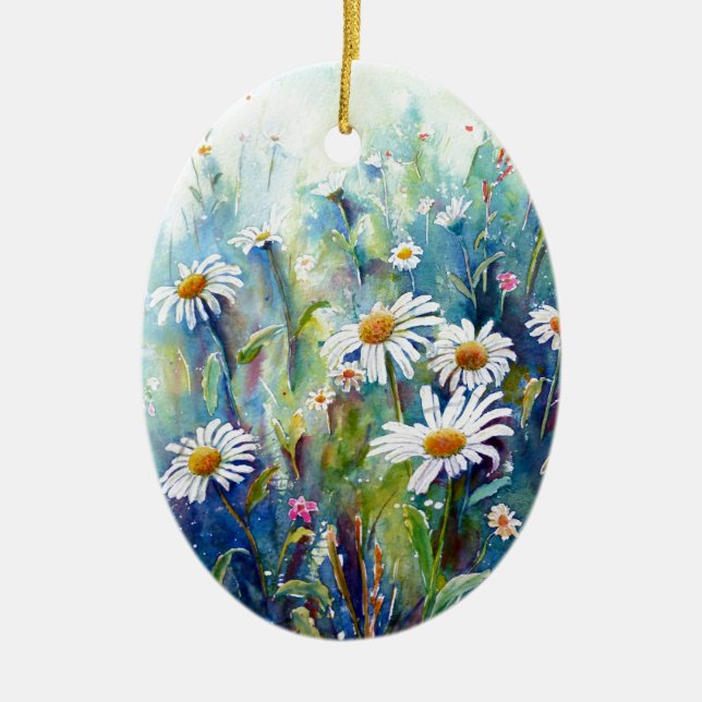 Vattenfärgmålning av daisyfält julgransprydnad keramik (Framsidan)