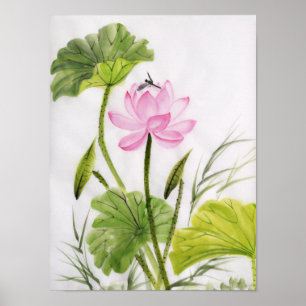 Vattenfärgmålning av lotusblommablomman poster