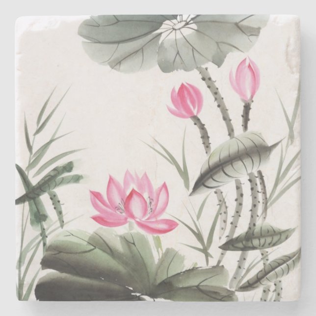 Vattenfärgmålning av lotusblommablomman stenunderlägg (Framsidan)
