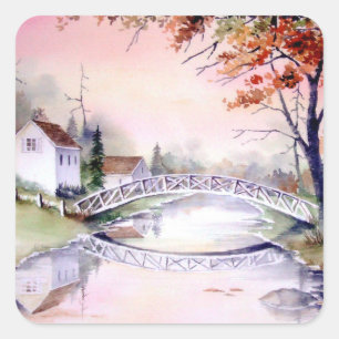 Vattenfärgmålning för Arched Bridge Fyrkantigt Klistermärke
