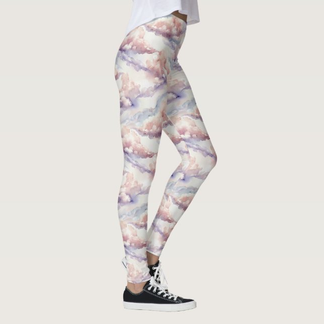 Vattenfärgmoln Pastell Drömmig Himmelsmönster Leggings (Höger)