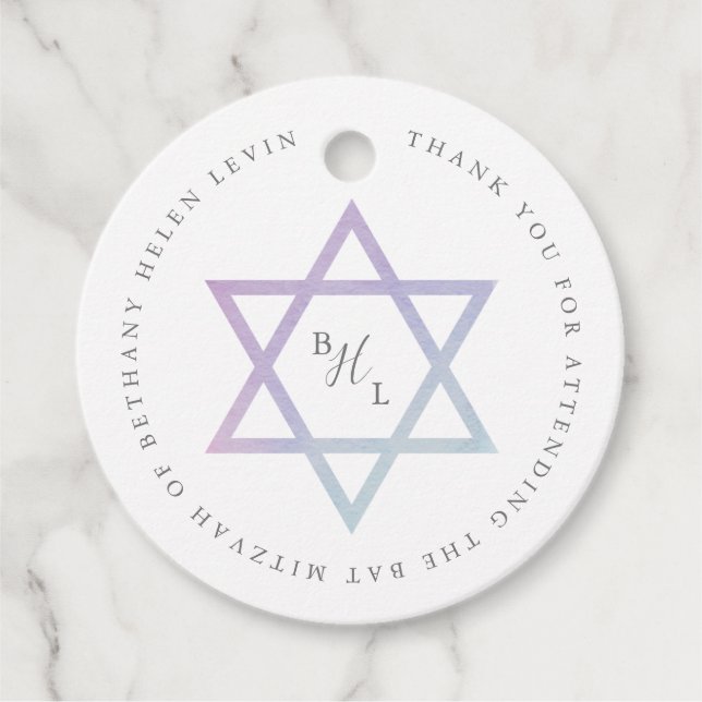 Vattenfärgmonogram Bat Mitzvah Tack Gåvor Etiketter (Framsida)