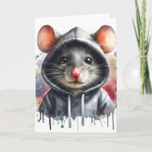 Vattenfärgmus i grå hoodie Splash Art Kort