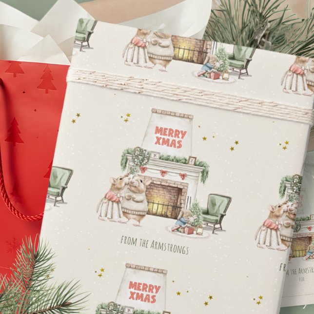 Vattenfärgmus Vintergammal Julscen Presentpapper (Cozy Watercolor Mice Vintage Christmas Scene Wrapping Paper ©Susanne Sachers - Sunny Mind 🌞)