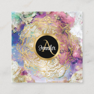 Vattenfärgnebula guld mandala modern monogrammerad fyrkantigt visitkort