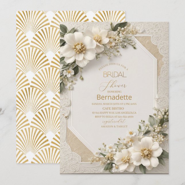 Vattenfärgning 3D vita blommor guld Möhippa Inbjudningar (Fram/baksida)