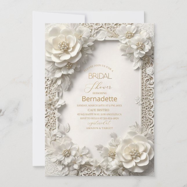 Vattenfärgning 3D vita blommor guld Möhippa Inbjudningar (Framsida)