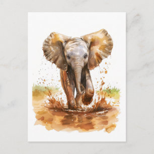 Vattenfärgning av baby elephant som plaskar lera helg vykort