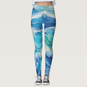 Vattenfärgning av blå havsyta vågar leggings
