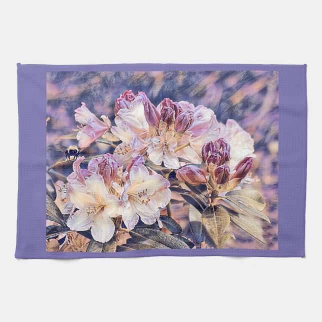 Vattenfärgning av en lila azeea-blommar kökshandduk (Horisontell)