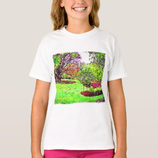 Vattenfärgning av en lush vår-trädgård t shirt
