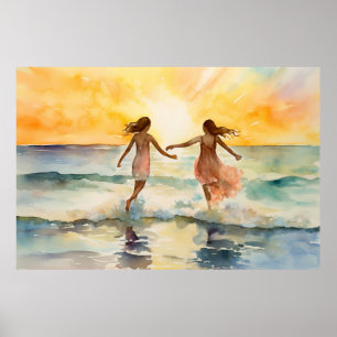 Vattenfärgning av flickor som går på stranden poster