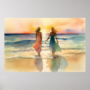 Vattenfärgning av flickor som går på stranden poster