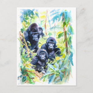 Vattenfärgning av gorillafamilj i djungel helg vykort