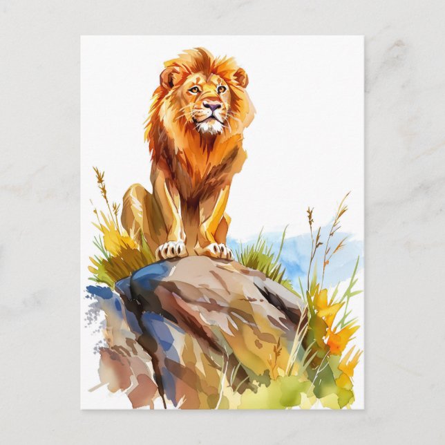 Vattenfärgning av lejona sitta på sten helg vykort (Framsida)