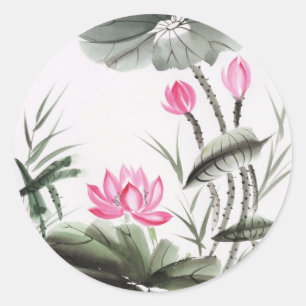 Vattenfärgning av Lotus Flower Runt Klistermärke