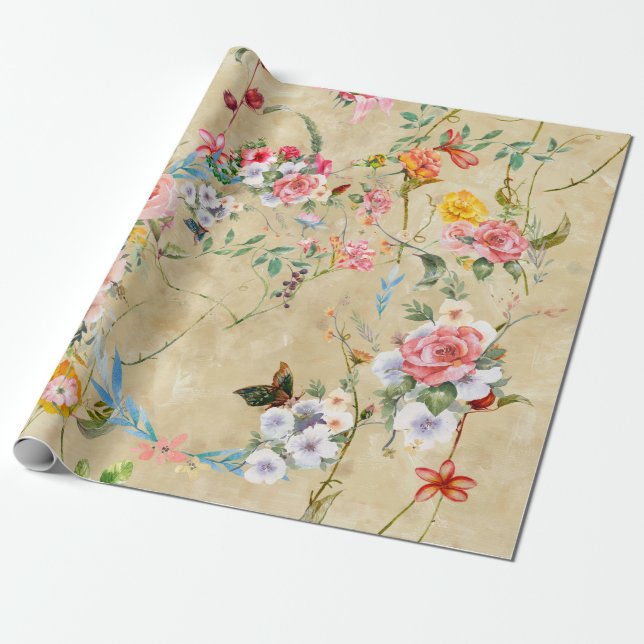 Vattenfärgning av löv och blommor, sömlösa  presentpapper (Utrullad)