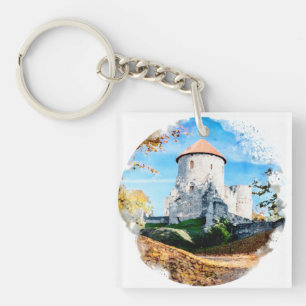 Vattenfärgning av medeltida slott på hösten