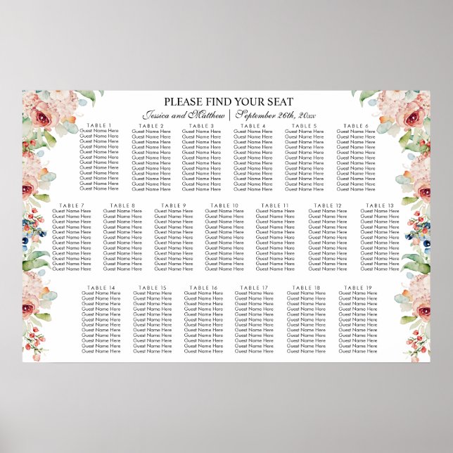 Vattenfärgning Blommigt 19 Bord Bröllop Poster (Framsidan)