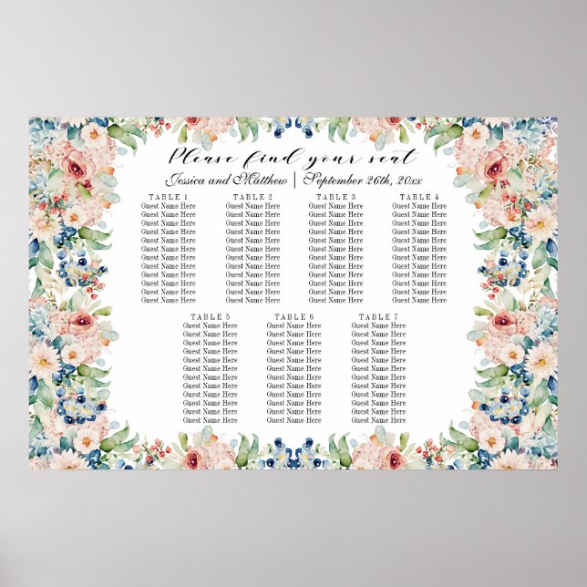 Vattenfärgning Blommigt 7 Bord Bröllop Poster (Framsidan)
