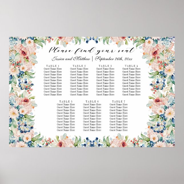 Vattenfärgning Blommigt 7 Bord Bröllop Poster (Framsidan)