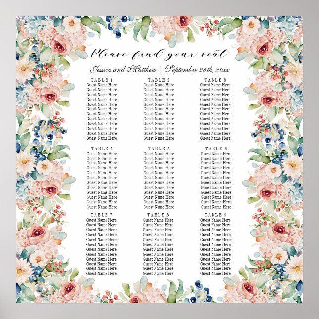 Vattenfärgning Blommigt 9 Bord Bröllop Poster (Framsidan)